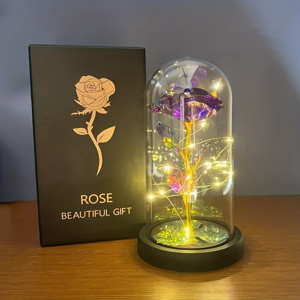 LED Rose Flower in Glass Dome, Eternal Foil Rose with LED Light, Romantic Valentine's Day Gift for Girlfriend