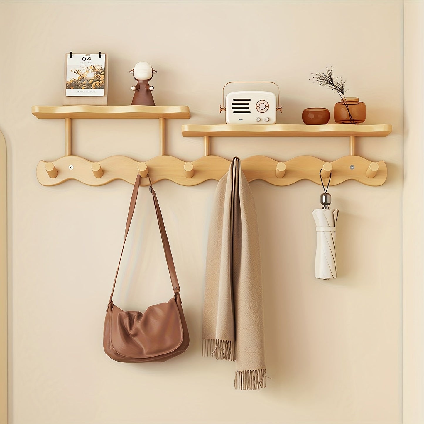 Bamboo Wall Mounted Coat Rack with 8 Hooks, Entryway Coat Hook Rack with Storage Shelf for Entryways, Bedrooms and Living Spaces