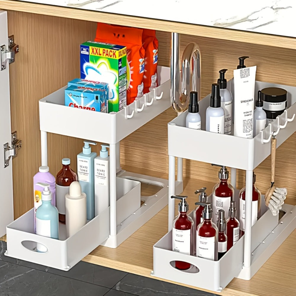 Under Sink Storage Organizer 2-Piece Double-Tier Sliding Basket with 8 Hooks in Four Color Styles