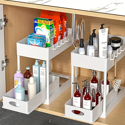 Under Sink Storage Organizer 2-Piece Double-Tier Sliding Basket with 8 Hooks in Four Color Styles