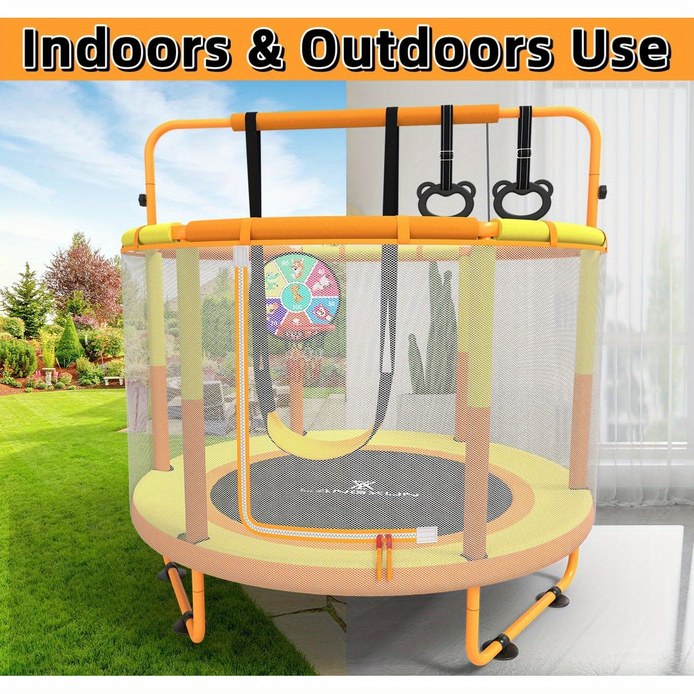60 Inch Kids Trampoline 6-in-1 with Safety Net Enclosure, Basketball Hoop, Swing, Dart Board & Gymnastic Rings