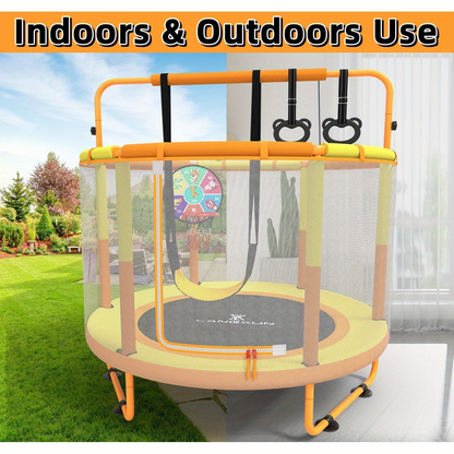 60 Inch Kids Trampoline 6-in-1 with Safety Net Enclosure, Basketball Hoop, Swing, Dart Board & Gymnastic Rings