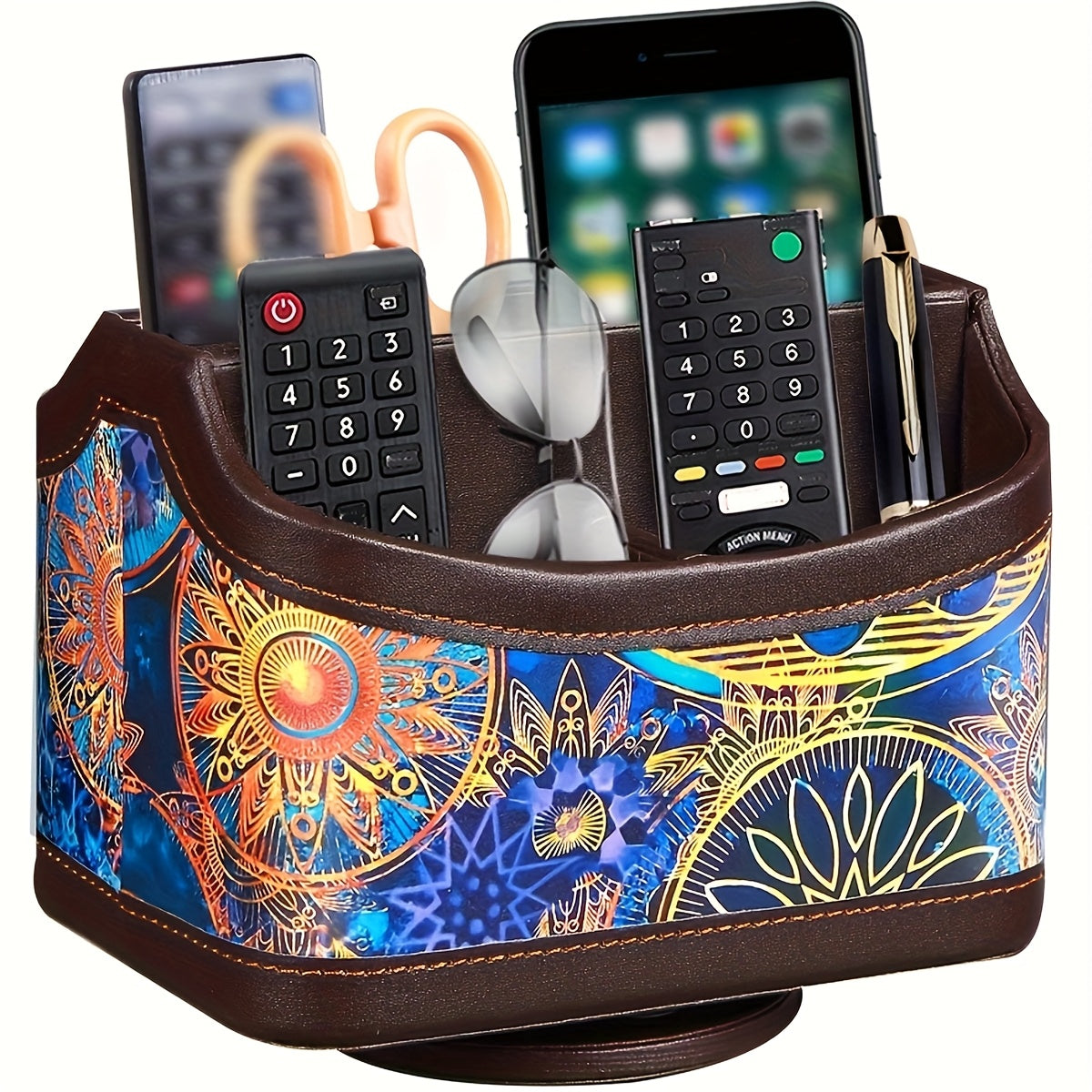 Rotating Faux Leather Remote Control Caddy with Five Compartments, Six Color or Pattern Options and 7.5-Inch Width