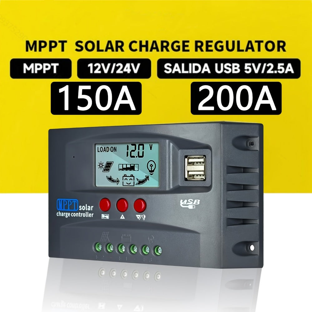 MPPT Solar Charge Controller 12V 24V – 150A/200A Auto-Tracking Solar Panel Regulator with LCD Display, Dual USB Port