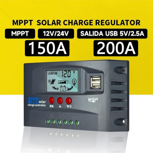 MPPT Solar Charge Controller 12V 24V – 150A/200A Auto-Tracking Solar Panel Regulator with LCD Display, Dual USB Port