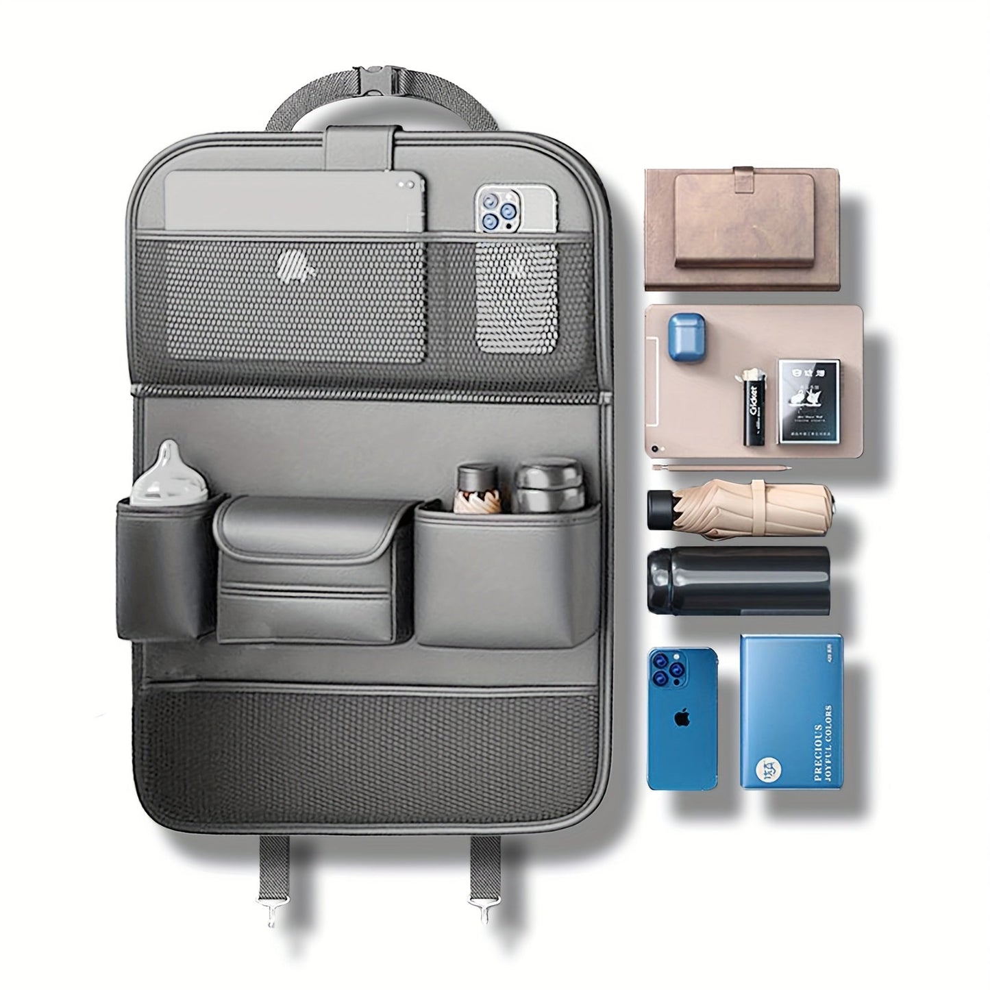 Car Backseat Organizer with Foldable Table Tray & Tablet Holder – PU Leather Seat Back Protector Kick Mat