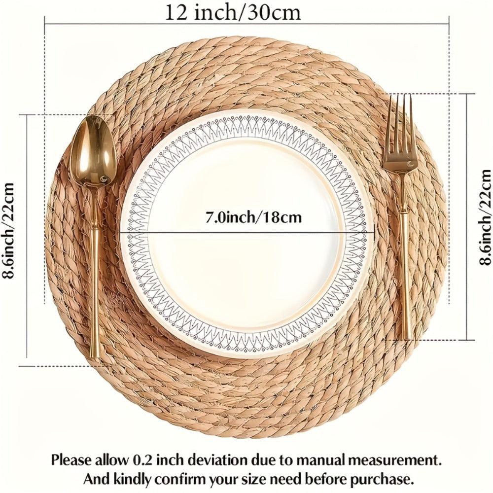 12pcs Rattan Placemats Natural Wicker Round Table Mats Heat-Resistant 11.8" Kitchen Dining Decor Bohemian