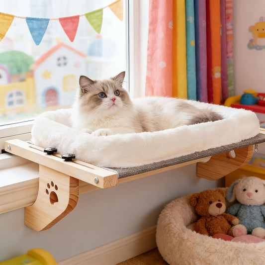 Padded Cat Windowsill Perch with 55x38cm Wood Platform, Metal Hooks, Rubber Pads and Adjustable Fit