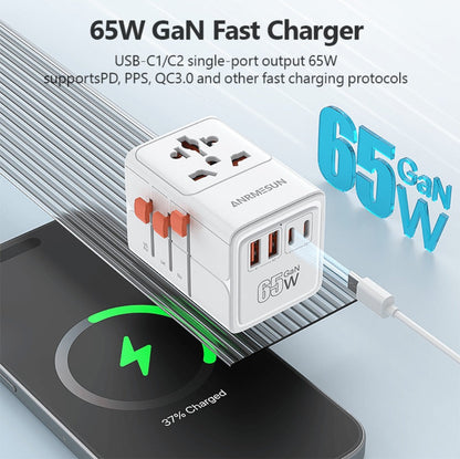 65W Universal Travel Adapter with 4 USB Ports - 2 USB-C & 2 USB-A Fast Charging, US EU UK AU Plugs