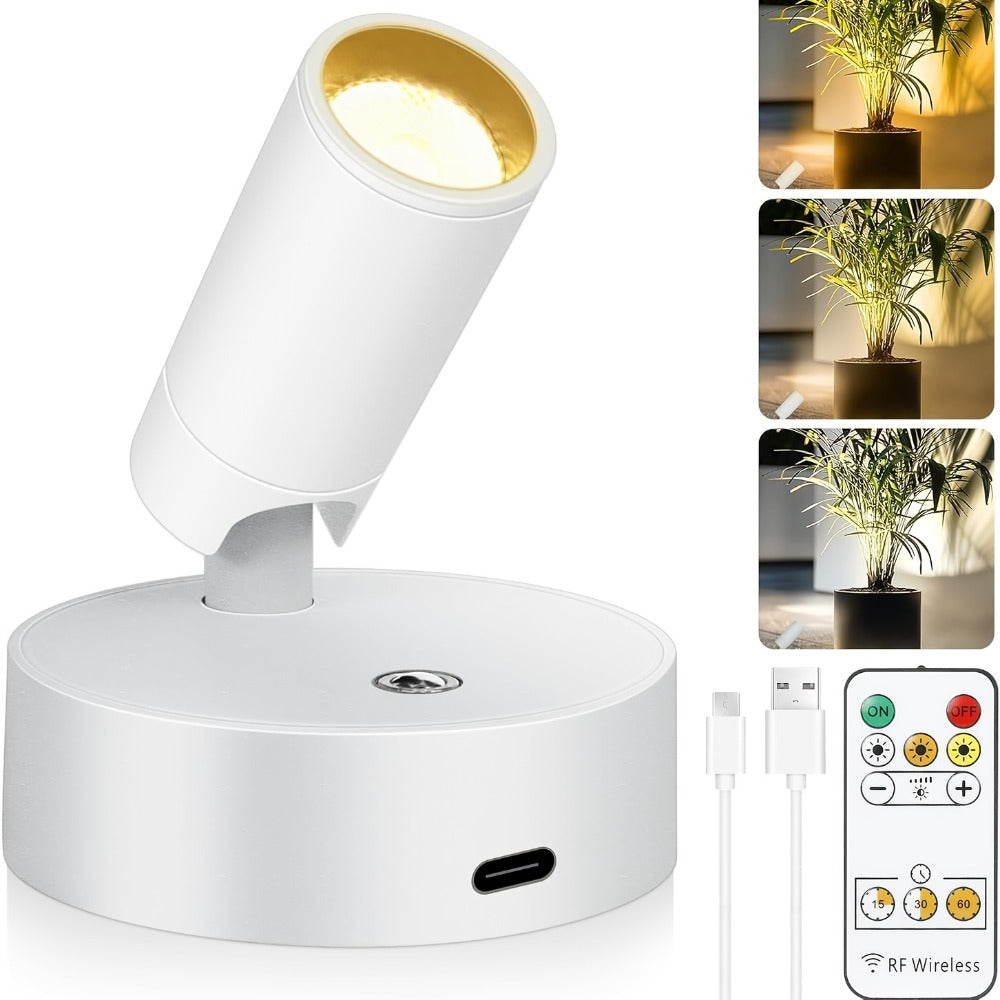 Rechargeable Indoor Spotlight LED, 3-Color Dimmable with Remote & Timer, 350° Adjustable, 2500mAh Battery