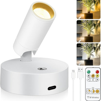Rechargeable Indoor Spotlight LED, 3-Color Dimmable with Remote & Timer, 350° Adjustable, 2500mAh Battery