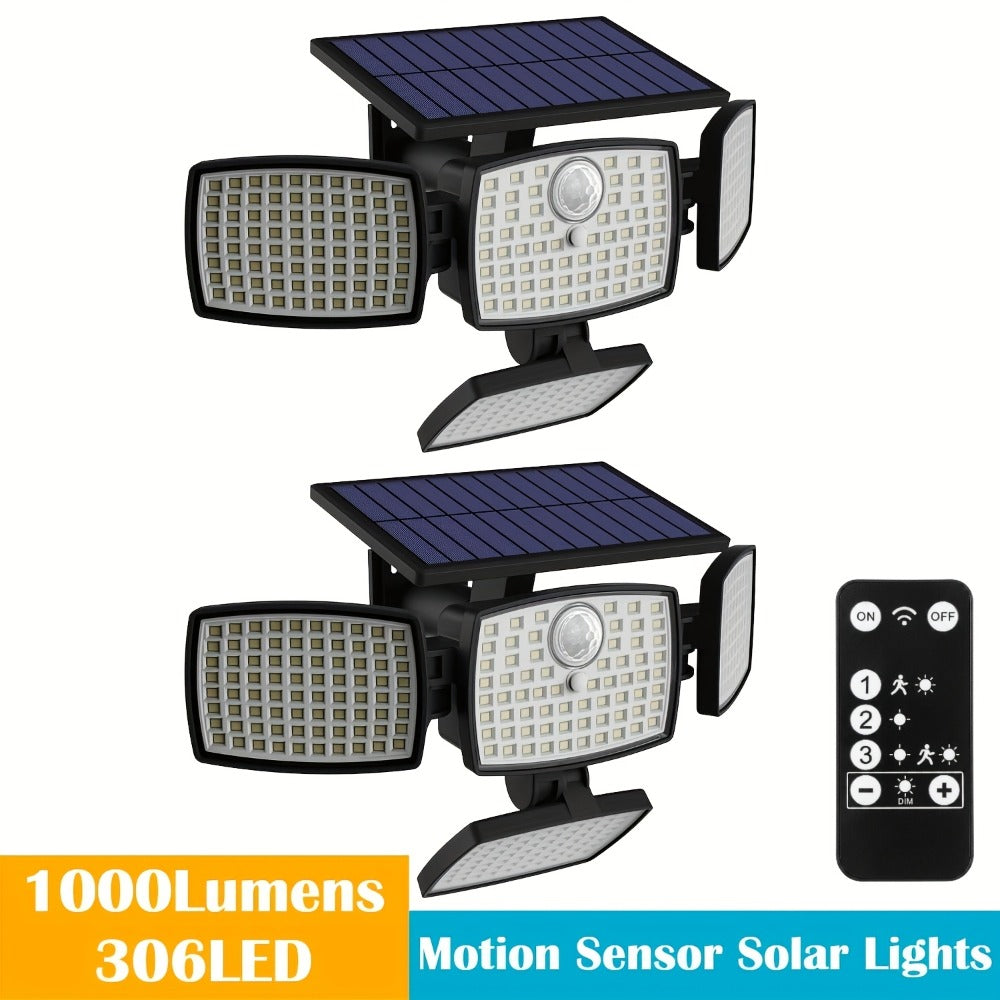 Solar Outdoor Motion Sensor Light 4-Head 3000LM, 270° Wide Angle, 3 Modes, Remote Control for Garden, Pathway and Patio Lighting