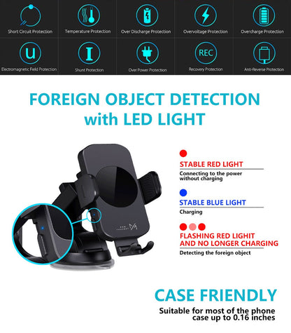 15W Auto-Clamping Wireless Car Phone Mount with Dashboard Suction Base and Blue or Gold Finish