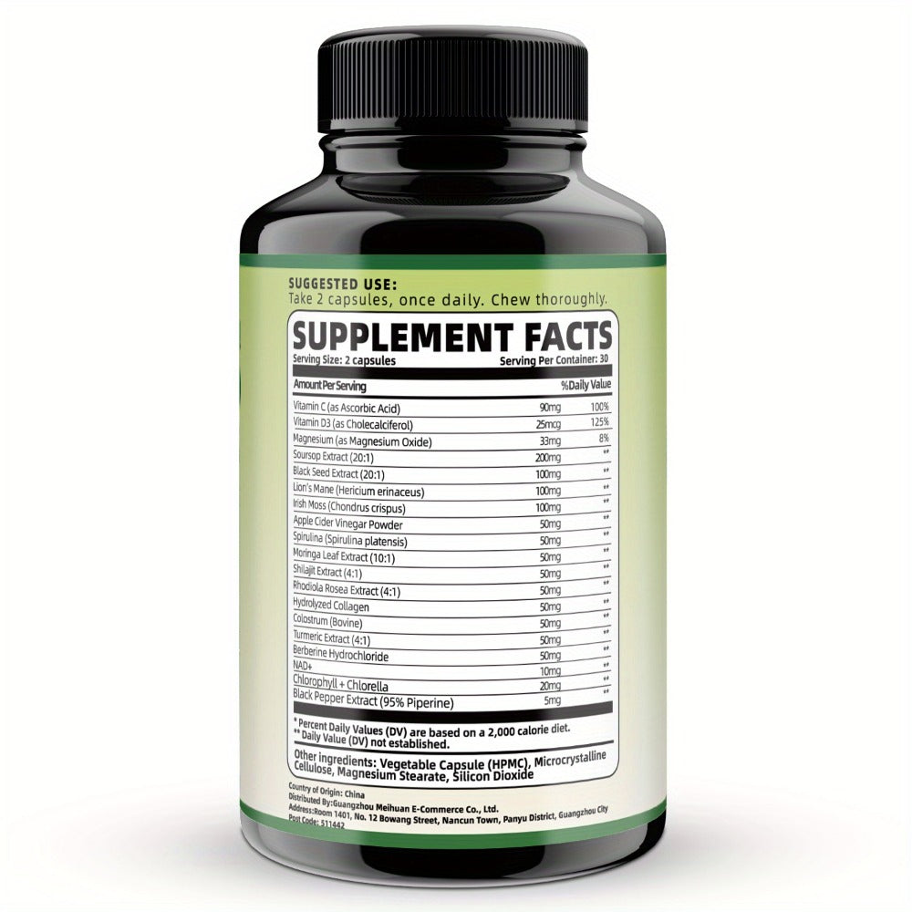 Soursop Graviola Capsules 24-in-1 Herbal Blend – Turmeric Spirulina Sea Moss Vitamin D3 Bitter Leaf | Immune Defense Antioxidant Gut Energy