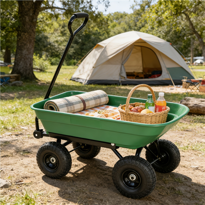 Garden Dump Cart 4-Wheel Steel Frame Poly Bed Quick-Release Dump Feature Foldable D-Handle Yard Wagon for Landscaping Lawn