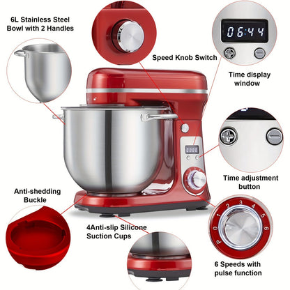 Stand Mixer 1200W 6L Stainless Steel Bowl - Kitchen Food Stand Mixer with Dough Hook, Whisk & Beater