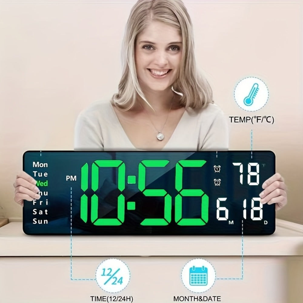 Large Digital Wall Clock 16 Inch LED Color Display, Smart Auto-Dimming 10-Level Brightness, Time Temperature Humidity Monitor