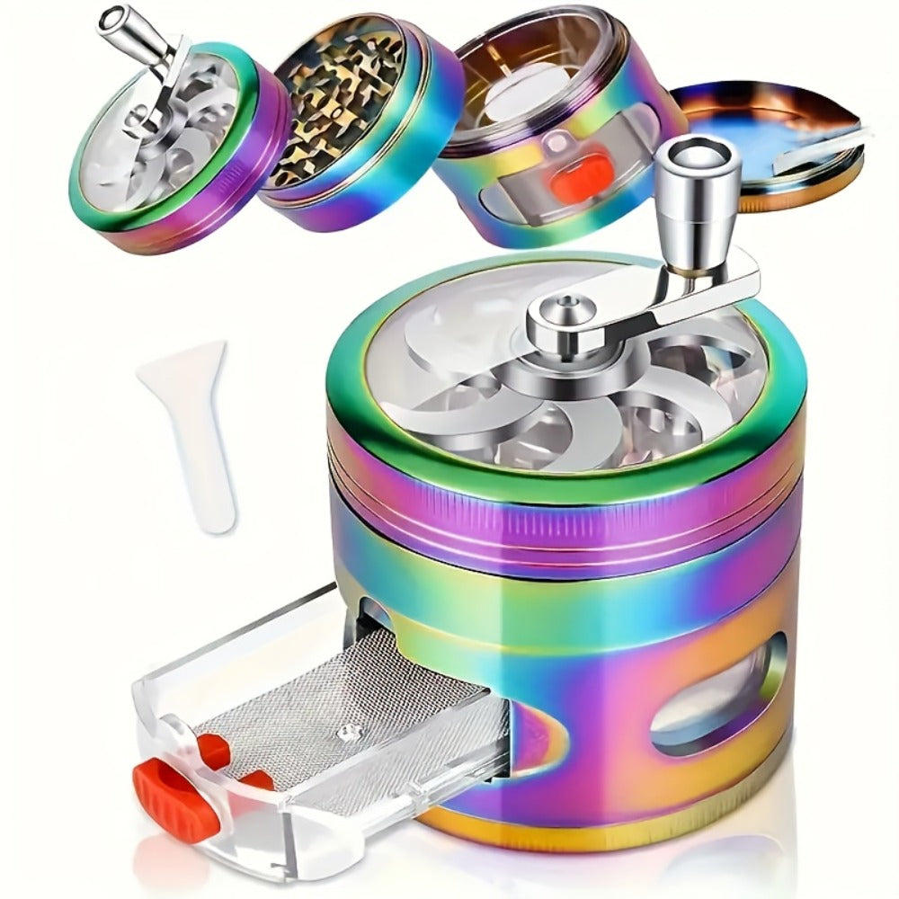 Spice Grinder 4-Layer Hand Crank Metal Herb Grinder, Colorful Rainbow Multifunctional Spice Crusher for Kitchen