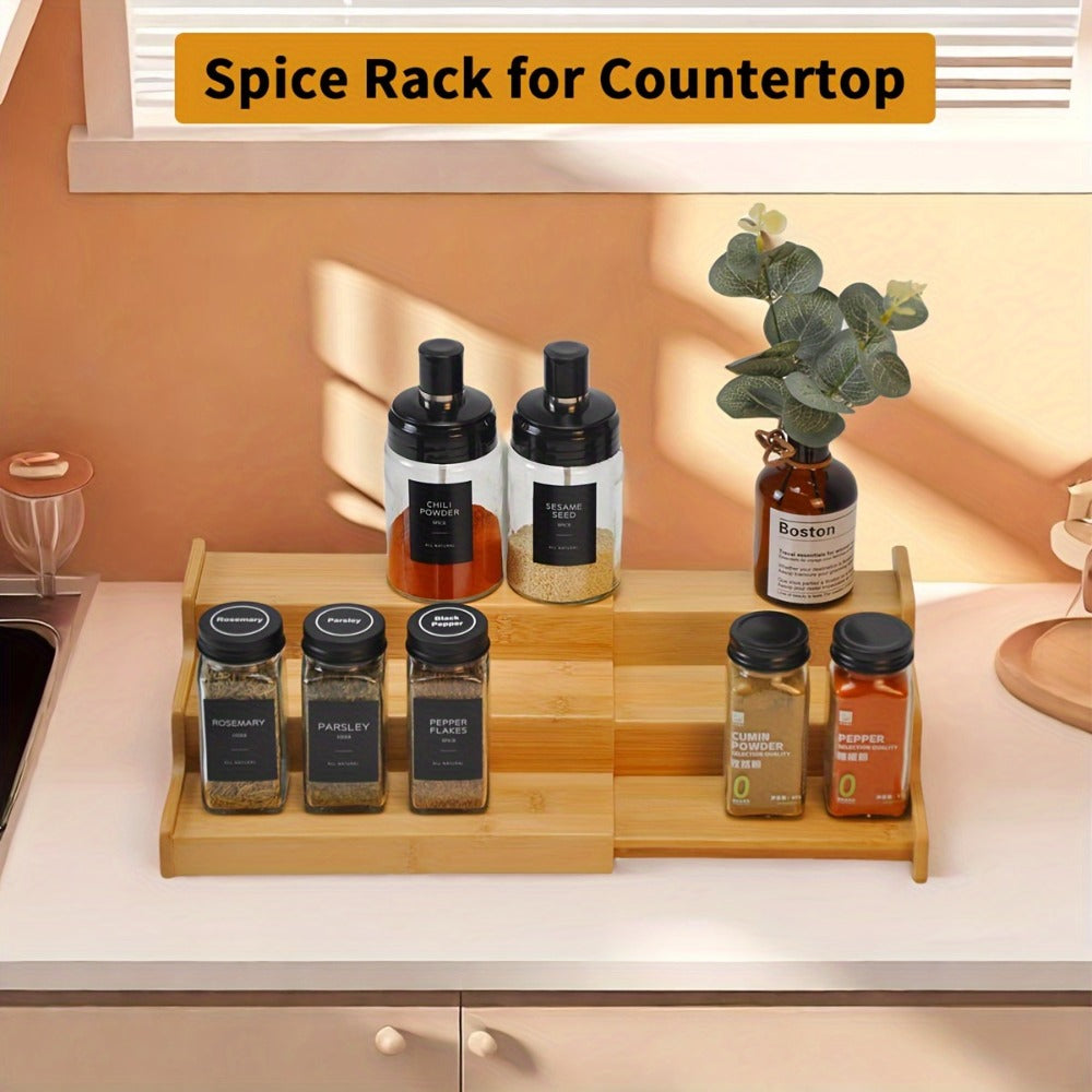 Expandable Bamboo Spice Rack with Three Stepped Tiers, 9.5-15.7-Inch Width and One- or Two-Piece Options