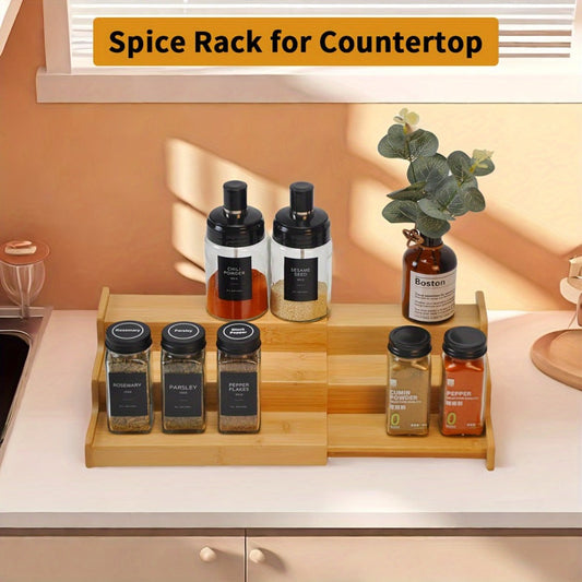 Expandable Bamboo Spice Rack with Three Stepped Tiers, 9.5-15.7-Inch Width and One- or Two-Piece Options