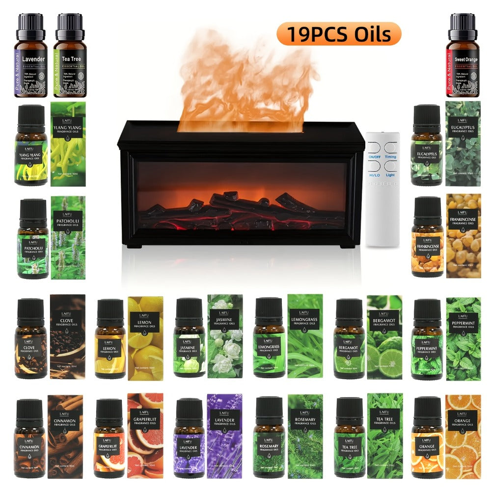 300ml Fireplace Essential Oil Diffuser Set with 19 Oil Bottles, Remote and Seven-Color Light Effects