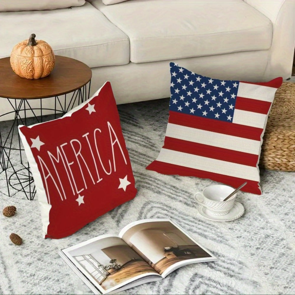 Patriotic Pillowcase Set 4pcs – Stars & Stripes Polyester Pillow Covers, Zipper Closure, Machine Washable