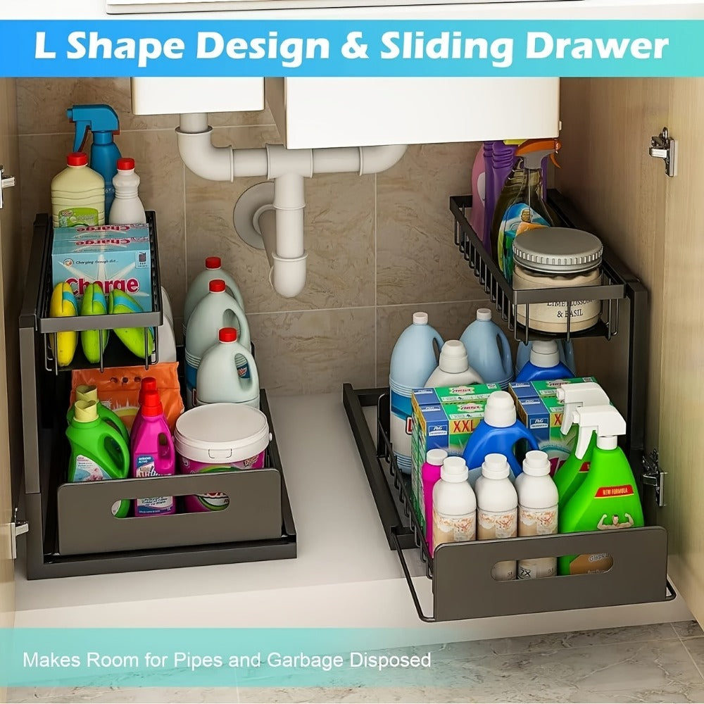 L-Shaped Pull-Out Cabinet Organizer with 14.4 x 10.6 x 11 Inch Frame, 7 Inch Pipe Clearance and 1- or 2-Piece Options