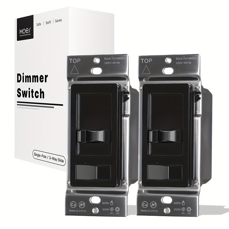 MOES Slide Dimmer Light Switch 3-Way & Single Pole No Neutral Wire, 600W Max, Compatible with LED CFL Incandescent Halogen