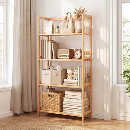 Bamboo Bookshelf Narrow 4 Tier Adjustable Shelves Wooden Bookcase Storage Shelf Organizer for Entryways, Bedrooms and Living Spaces