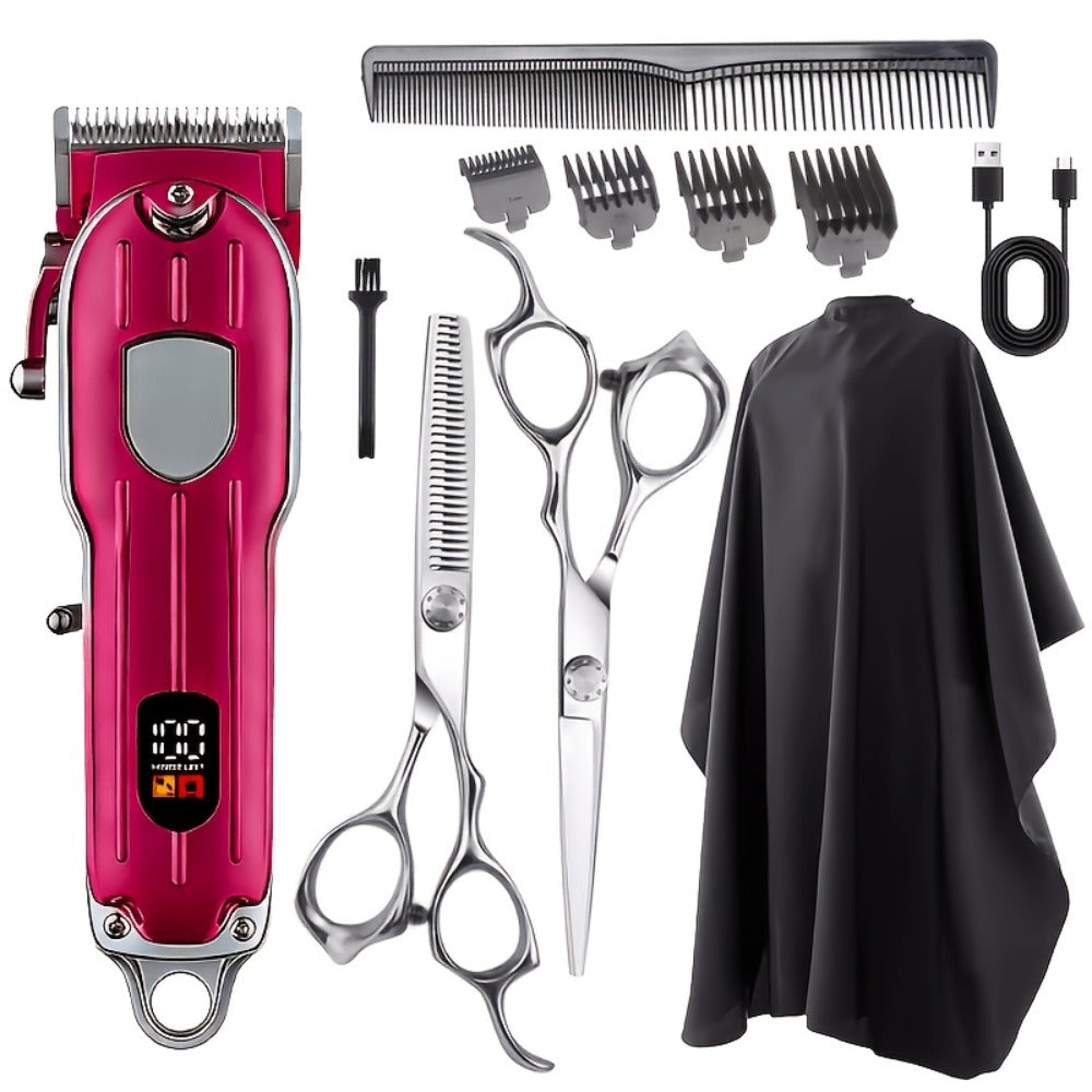 Barber Hair Clipper Kit for Men – USB Rechargeable Digital Size Adjustment, Complete Set with Scissors & 4 Limit Combs