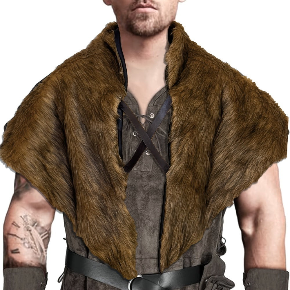 Viking Wolf Fur Cloak & Medieval Mantle with Crossed Chest Straps – Faux Fur Shoulder Wrap for Men & Women