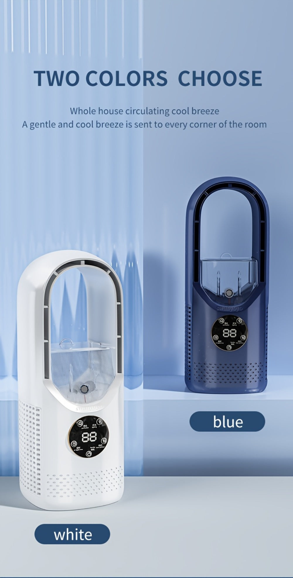 Portable Fan USB-Powered Bladeless Tower Model with Water Mist, Remote, Touch Controls and LED Light