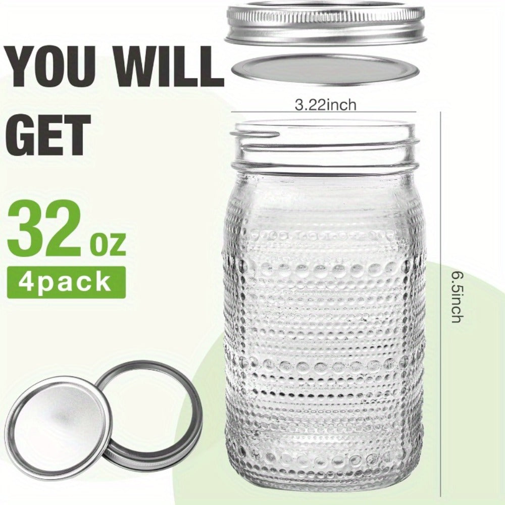 Mason Jars 32 oz Wide Mouth with Lids 4 Pack, Glass Canning Jars for Food Storage, Meal Prep, Pickling