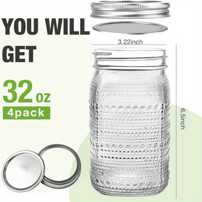 Mason Jars 32 oz Wide Mouth with Lids 4 Pack, Glass Canning Jars for Food Storage, Meal Prep, Pickling