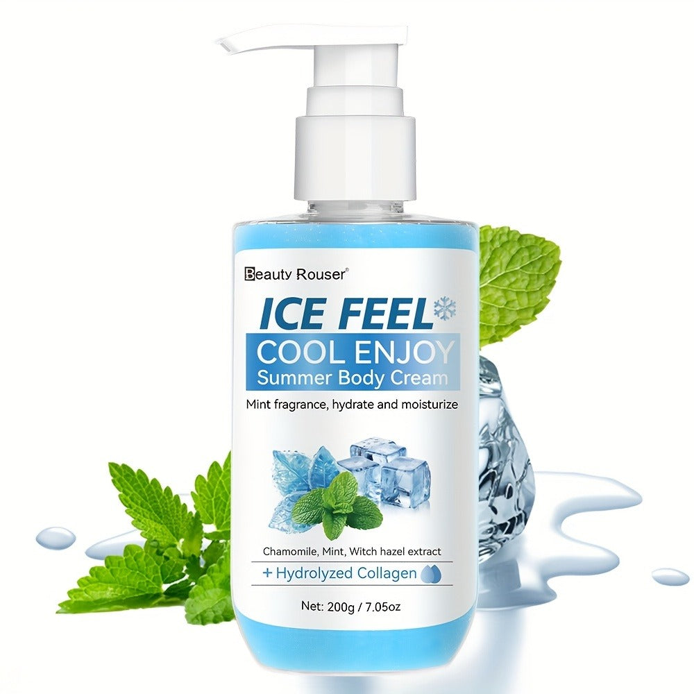 Body Cream Beauty Rouser ICE FEEL 200g Pump with Mint Chamomile Witch Hazel and Collagen Package Callouts