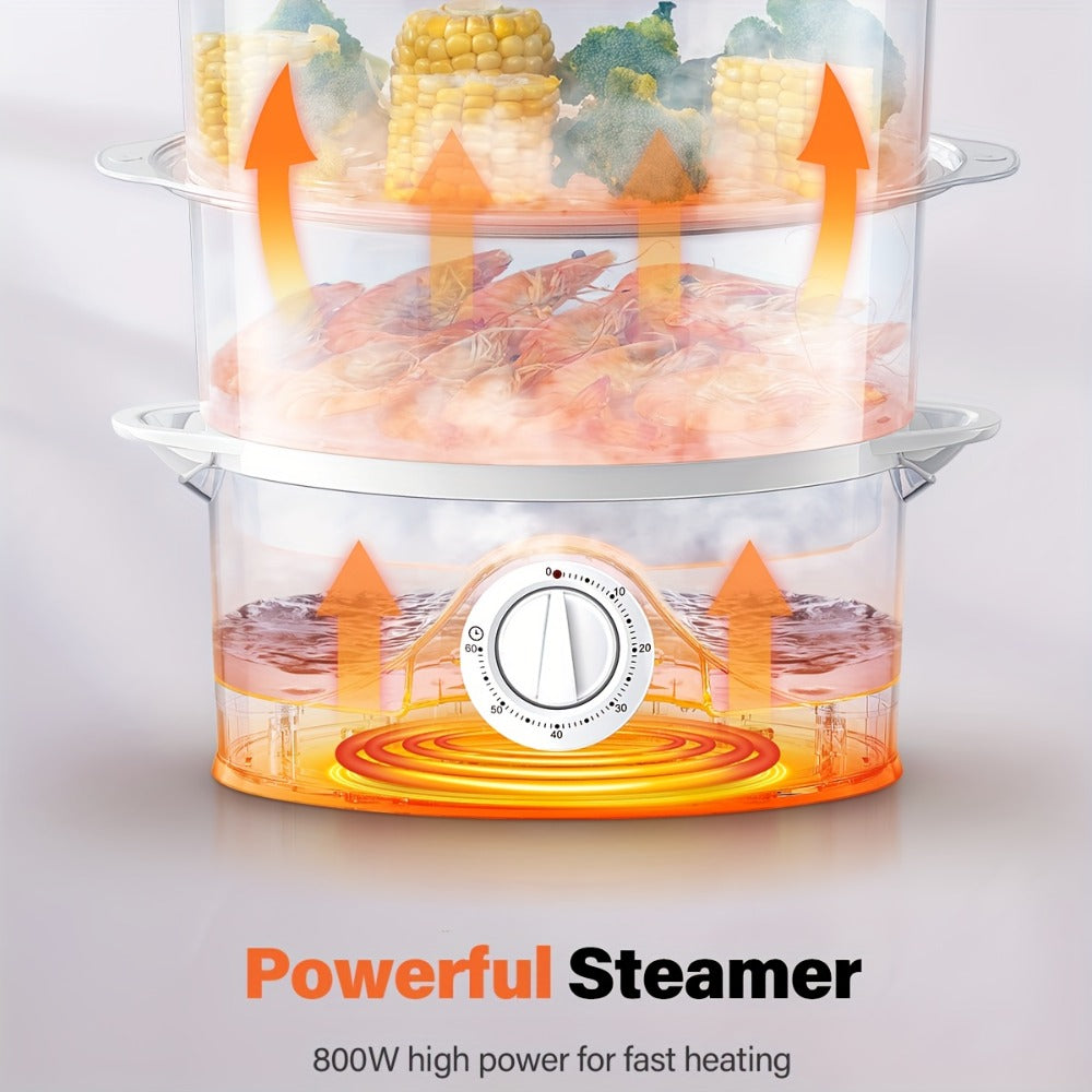 Electric Food Steamer 3-Tier 9.6QT Large, 800W Fast Cooking, 60-Min Timer, Boil-Dry Protection, &