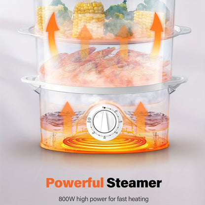 Electric Food Steamer 3-Tier 9.6QT Large, 800W Fast Cooking, 60-Min Timer, Boil-Dry Protection, &