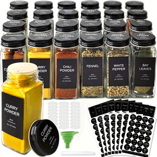 Glass Spice Jars with Labels 24 Pack – Square Empty Spice Containers with Shaker Lids for Home Cooking, Dining and Outdoor Meals