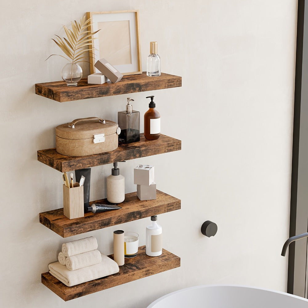 Floating Wall Shelves Set of 4, Retro Style Wall Mounted Shelves with Invisible Brackets for Bathroom Living Room Bedroom Kitchen
