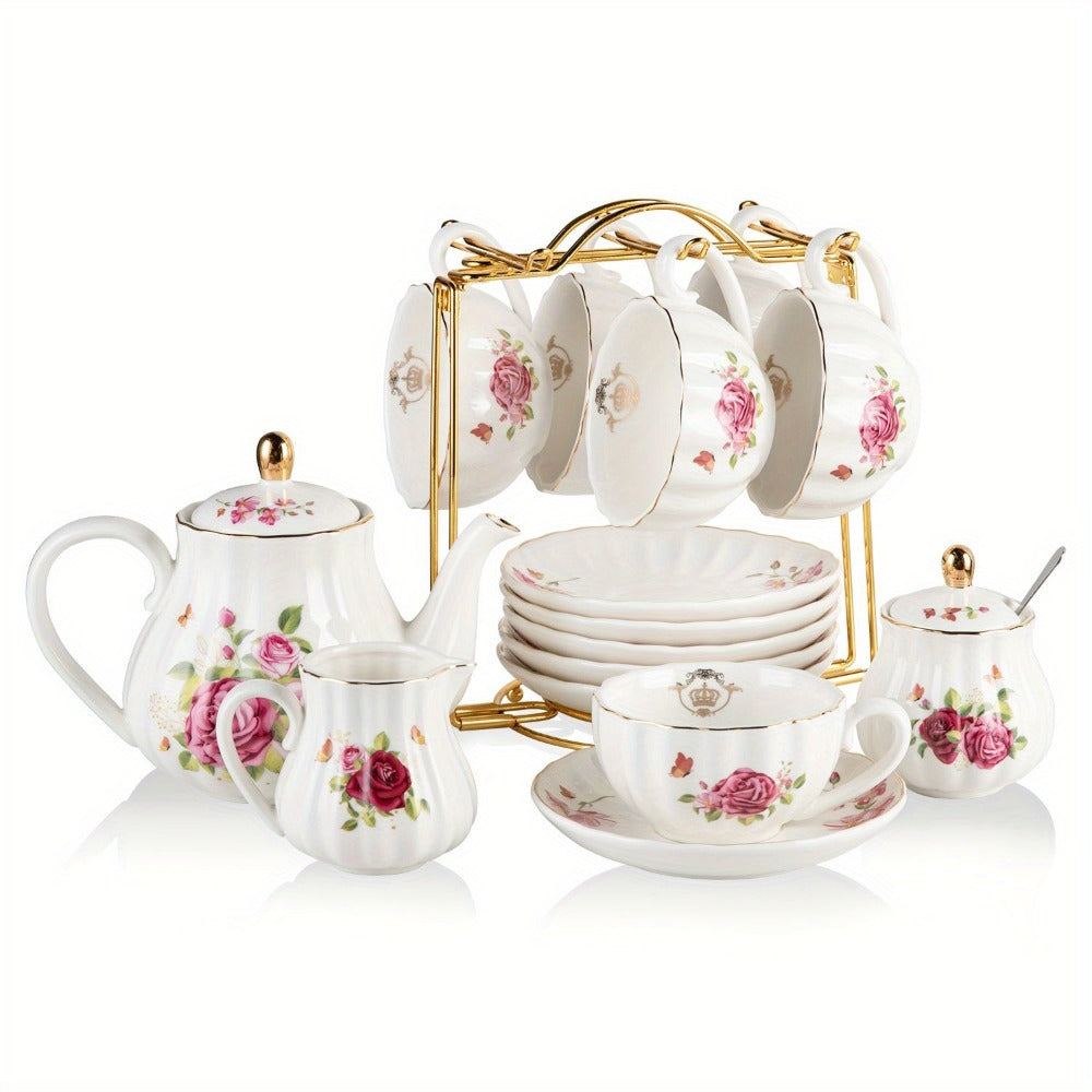 Porcelain Tea Set Service for 6 British Royal Floral Design with Teapot Sugar Bowl Cream Pitcher Teaspoons Tea Strainer 8oz Cups Saucers