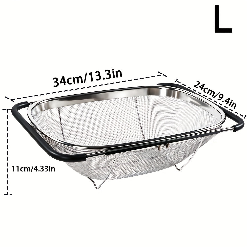 Expandable Sink Colander Stainless Steel, Over the Sink Strainer Basket with Fine Mesh & Rubber Grip
