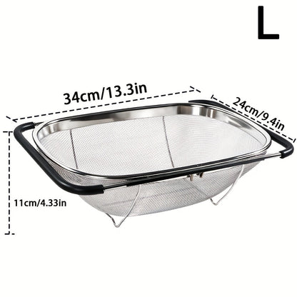 Expandable Sink Colander Stainless Steel, Over the Sink Strainer Basket with Fine Mesh & Rubber Grip