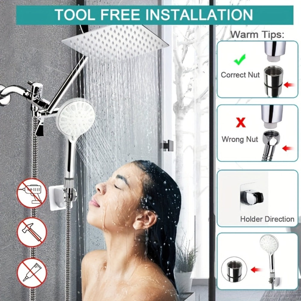 Rainfall Handheld Shower Combo 9-Setting, High Pressure 11" Extension Arm Leak-Proof Wall Mount 8 10 12 Inch Chrome Black