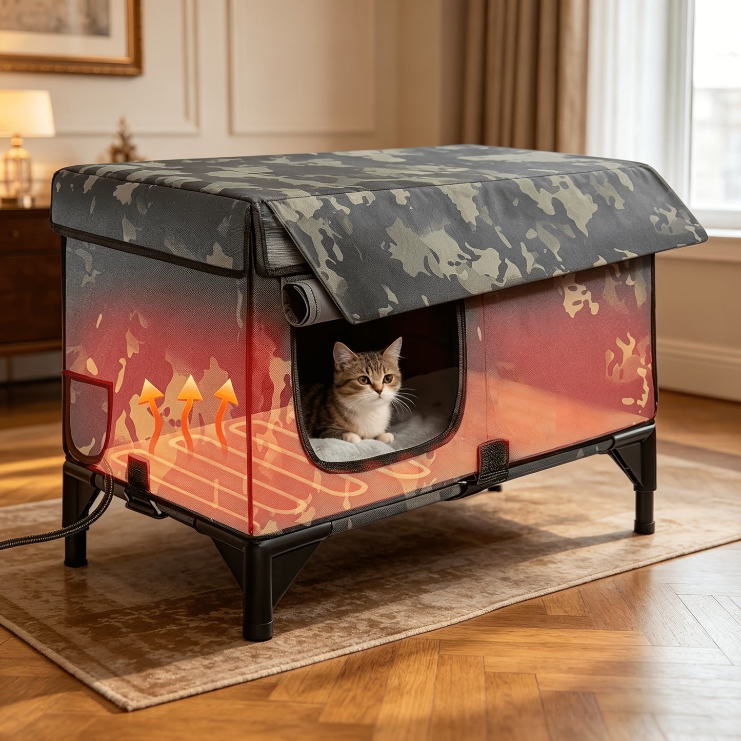 Heated Cat House 3-in-1 with Removable Warming Pad, Elevated Cat Bed for Indoor & Outdoor Cats, Chew-Resistant Cord, Double Door Cat Cave