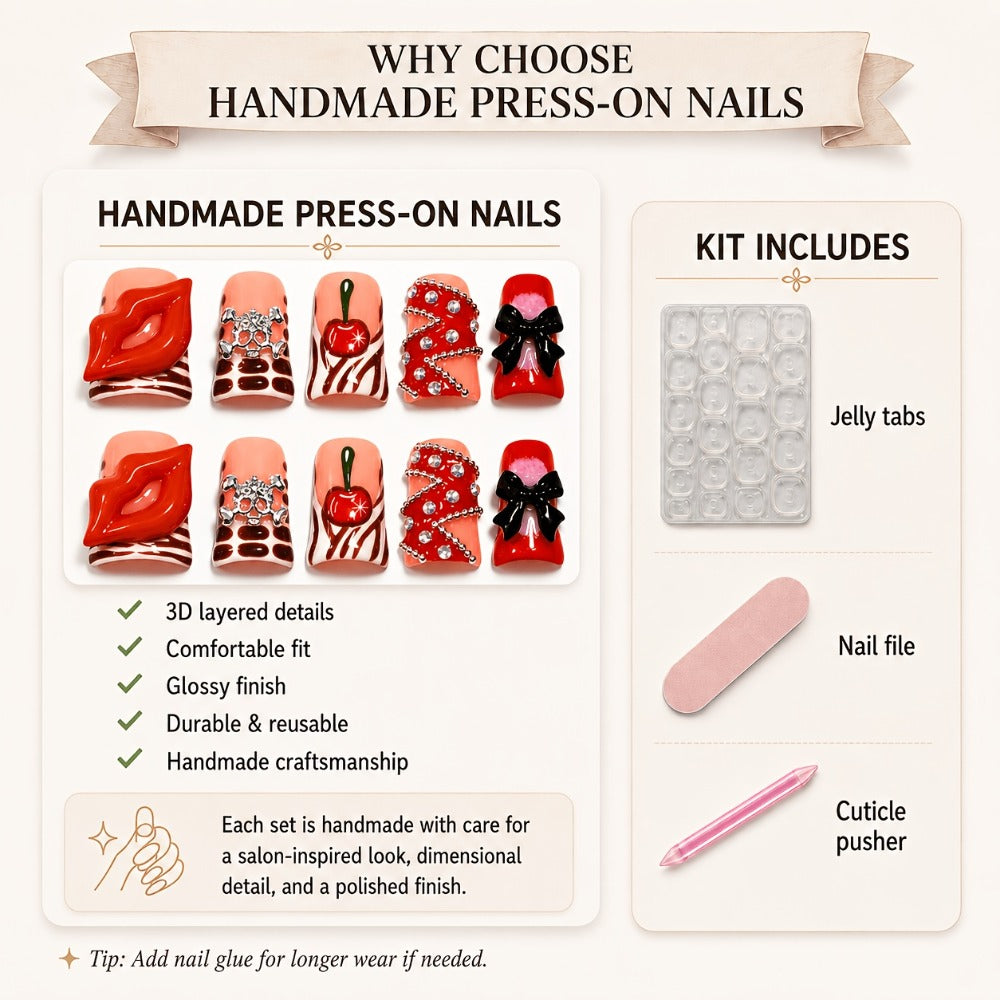 Press On Nails 10-Piece Short Duckbill Acrylic Set with Skull, Cherry, Bow, Rhinestone and Zebra Details
