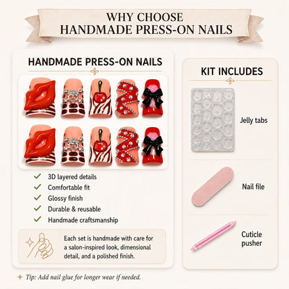 Press On Nails 10-Piece Short Duckbill Acrylic Set with Skull, Cherry, Bow, Rhinestone and Zebra Details
