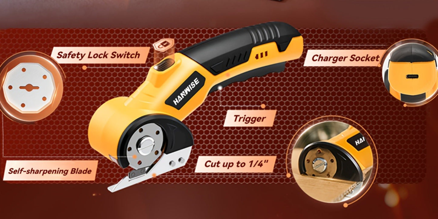 Electric Scissors Cordless 4.2V Rotary Cutter with 2000mAh Battery, 10000 RPM, Safety Lock, LED Light