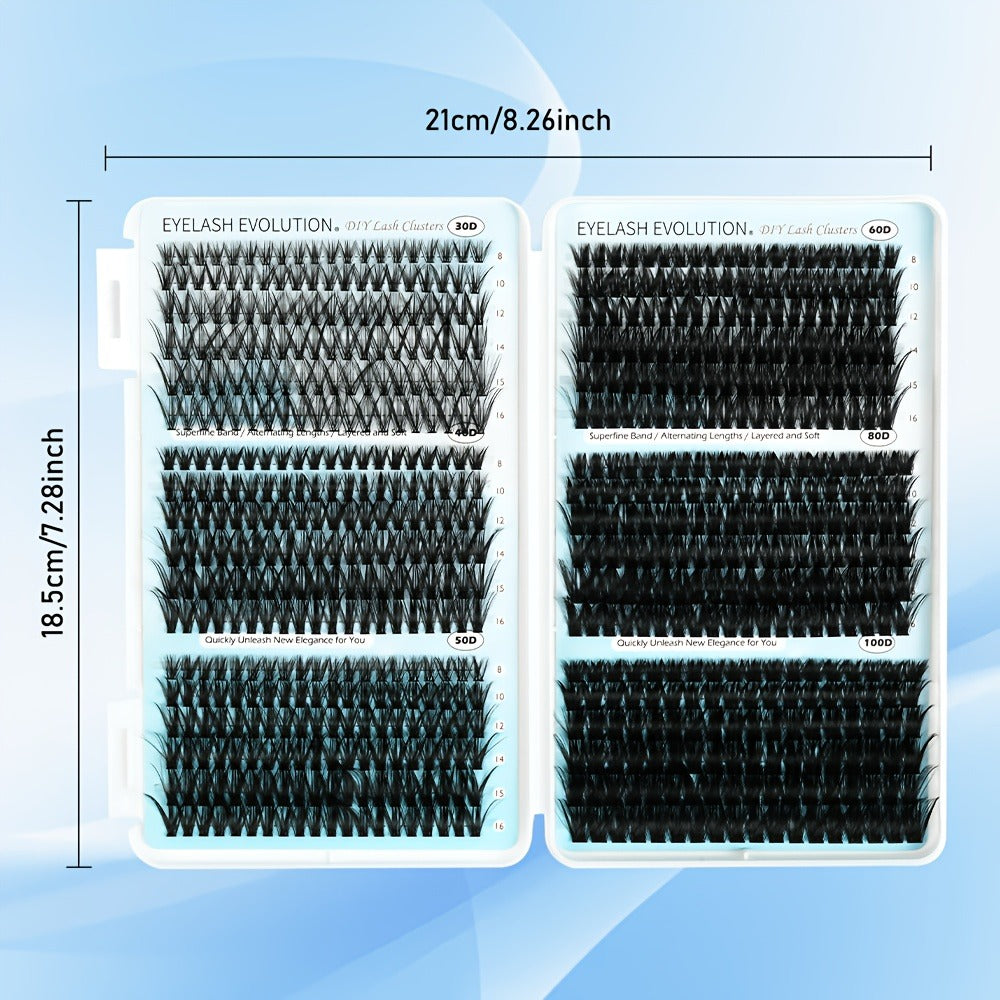 Complete 720-Piece Handmade Cluster Lash Kit with Glue & Tweezers, 30D to 100D, 6 Styles & Lengths