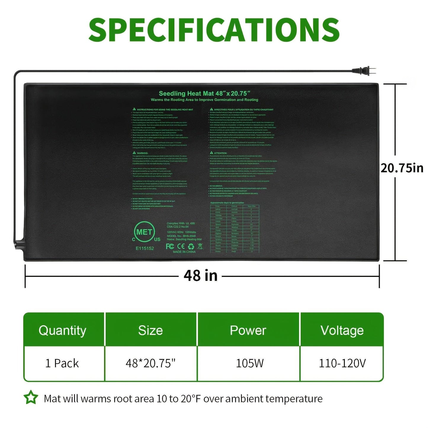 Seedling Heat Mat MET, Uniform Heating for Germination Indoor Gardening Greenhouse, Hydroponic Seed Starting Warming Pad M & L Size