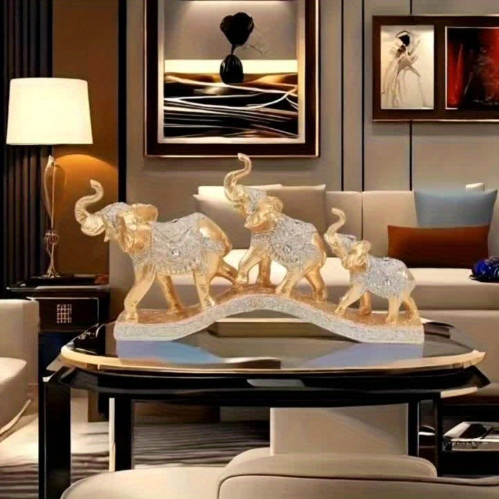 Golden Elephant Figurine Set of 3 – Lucky Elephant Statue Home Decor, Resin Elephant Family Sculpture for Living Room TV Cabinet Office